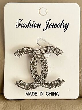 Crystal Double-C Logo Brooch - Silver Rhinestone Accent